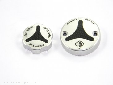 Carbon Inlay Front Brake and Clutch Fluid Tank Cap Set by Ducabike Ducati / Streetfighter V4 / 2023