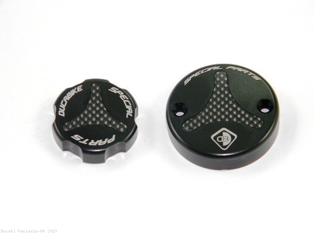 Carbon Inlay Front Brake and Clutch Fluid Tank Cap Set by Ducabike Ducati / Panigale V4 / 2023